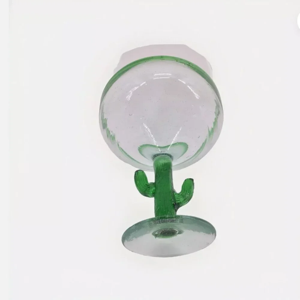 Handblown Mexican Margarita Green Rim Bubble Glass Cactus Stem